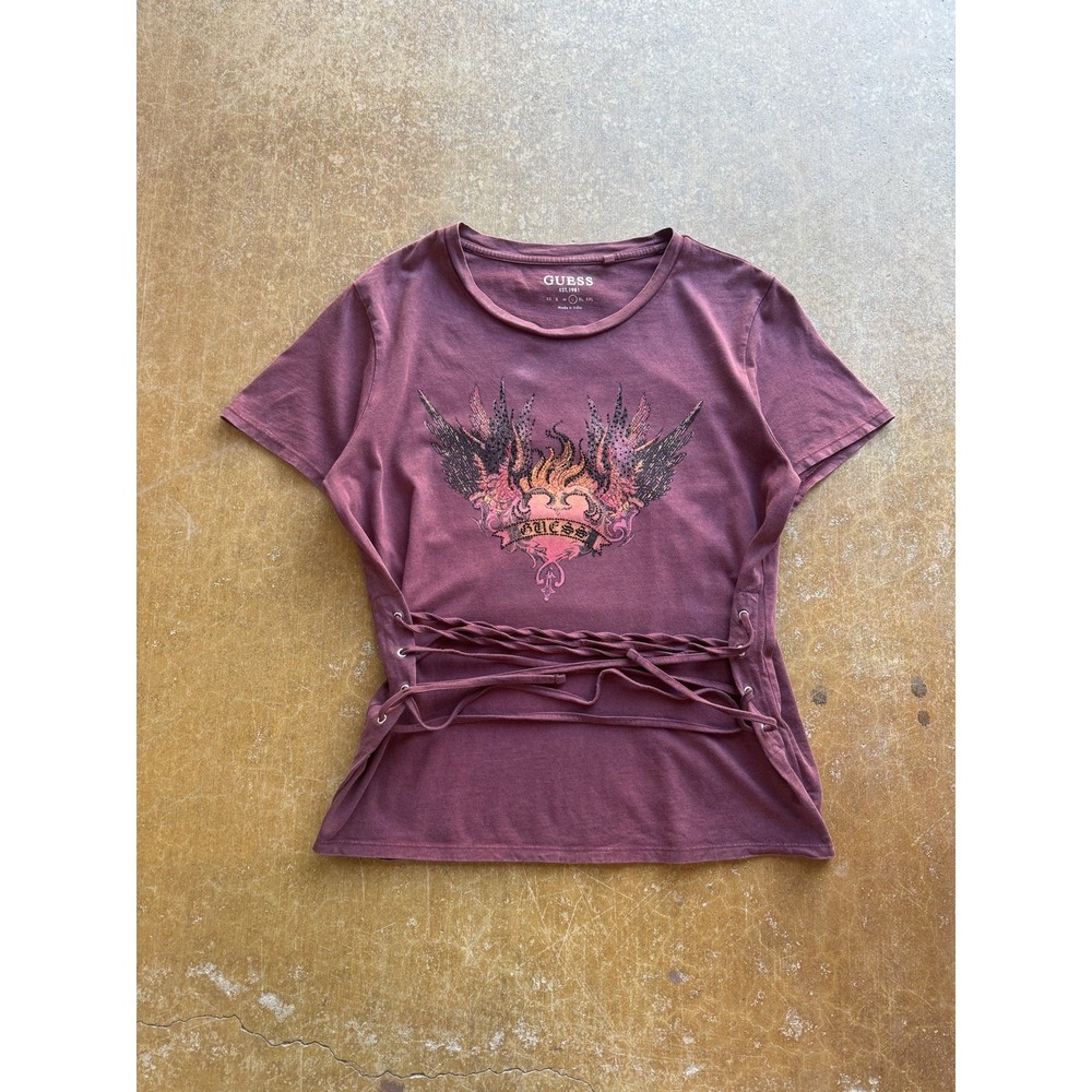 Guess Lace Up Rhinestones Burgundy Heart Fire T-Shirt Y2K Womens Large